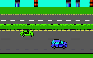 Keen drives a blue car down a motorway.